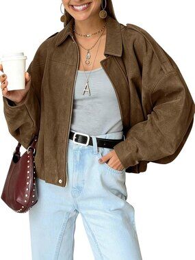 Women's Faux Suede Bomber Jacket Oversized Batwing Long Sleeve Zip Up Brown
